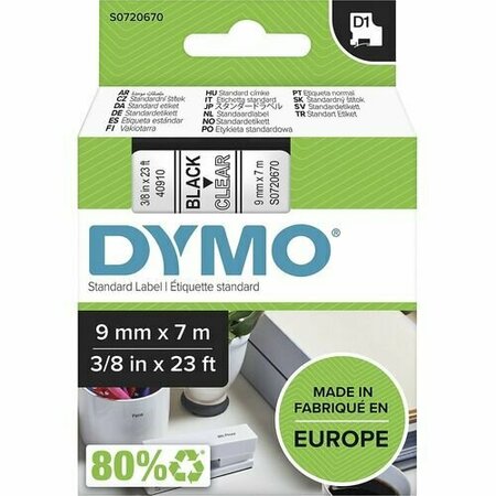 DYMO Label Tape, f/DYMO Labelmakers, 3/8inx23ft , Black/Clear DYMS0720670